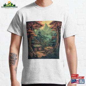 Stylized Vector Image Of Japanese Town With Darker Color Scenery Classic T-Shirt Unisex