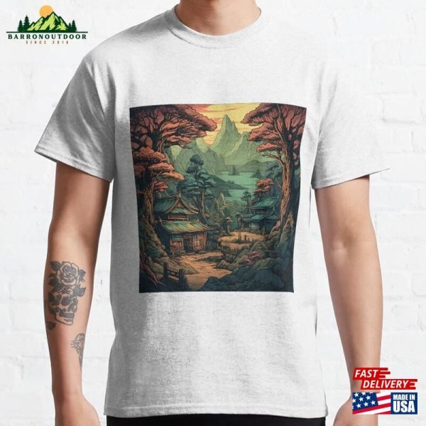 Stylized Vector Image Of Japanese Town With Darker Color Scenery Classic T-Shirt Unisex