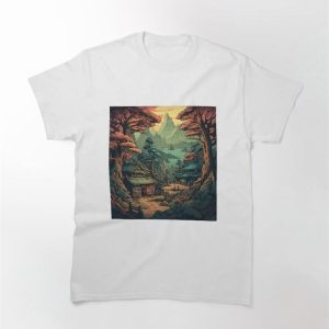 Stylized Vector Image Of Japanese Town With Darker Color Scenery Classic T-Shirt Unisex