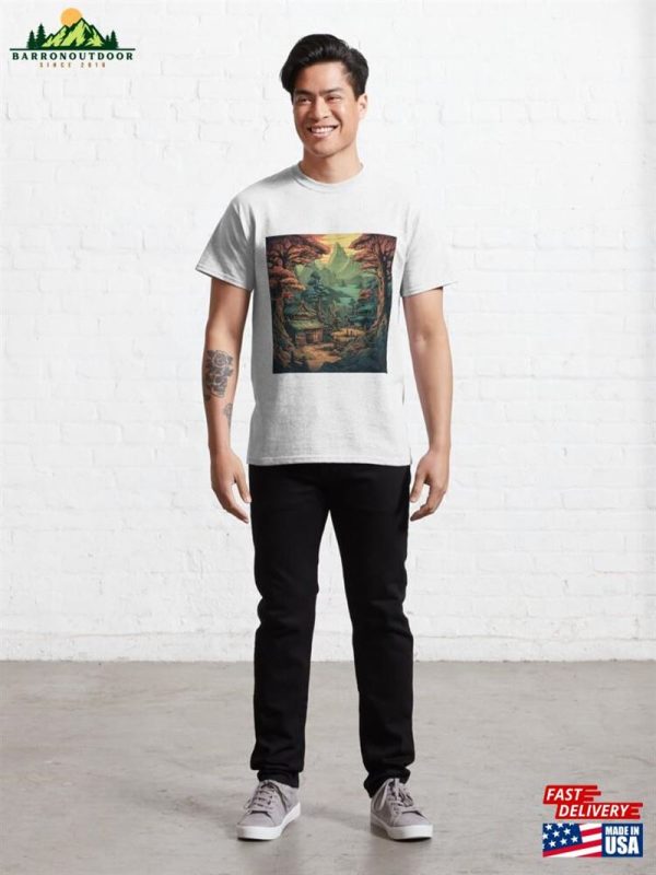 Stylized Vector Image Of Japanese Town With Darker Color Scenery Classic T-Shirt Unisex