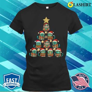 Adorable Fat Cats In Santa Hats Surrounding A Christmas Tree A Perfect Kitten Christmas Gift For Her On A T shirt 2