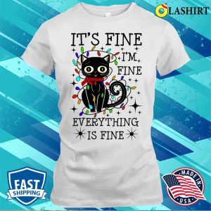 Black Cat Christmas Light Tee, I’m Fine, It’s Fine, Funny Cat Shirt