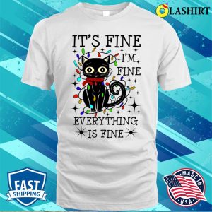 Black Cat Christmas Light Tee, I’m Fine, It’s Fine, Funny Cat Shirt