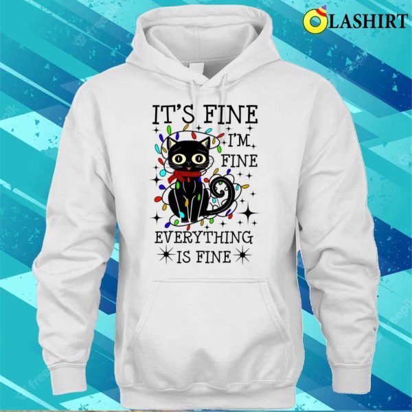 Black Cat Christmas Light Tee, I’m Fine, It’s Fine, Funny Cat Shirt