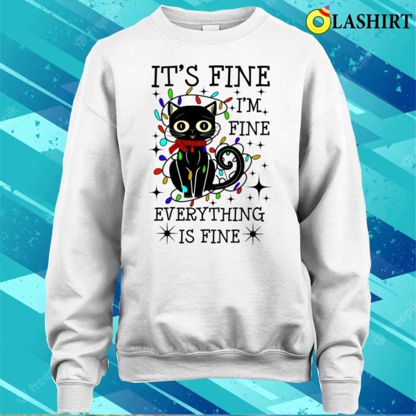 Black Cat Christmas Light Tee, I’m Fine, It’s Fine, Funny Cat Shirt