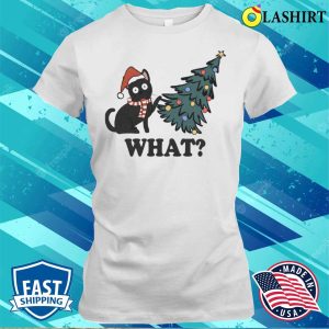 Cat Pushing Christmas Tree T shirt 1