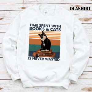 Cat Time Spent With Books And Cats Is Never Wasted Shirt 1