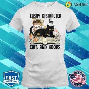 Easily Distracted By Cats And Books Reading 2023 Flower Cat Book Lover T-shirt