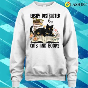 Easily Distracted By Cats And Books Reading 2023 Flower Cat Book Lover T shirt 4