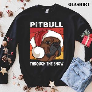 Funny Merry Christmas Pit Bull Dog Through The Snow Pitbull Lover T shirt 1