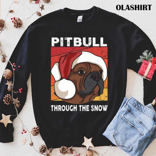 Funny Merry Christmas Pit Bull Dog Through The Snow Pitbull Lover T-shirt