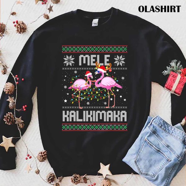 Mele Kalikimaka Merry Christmas Flamingo Hawaiian Santa T-shirt