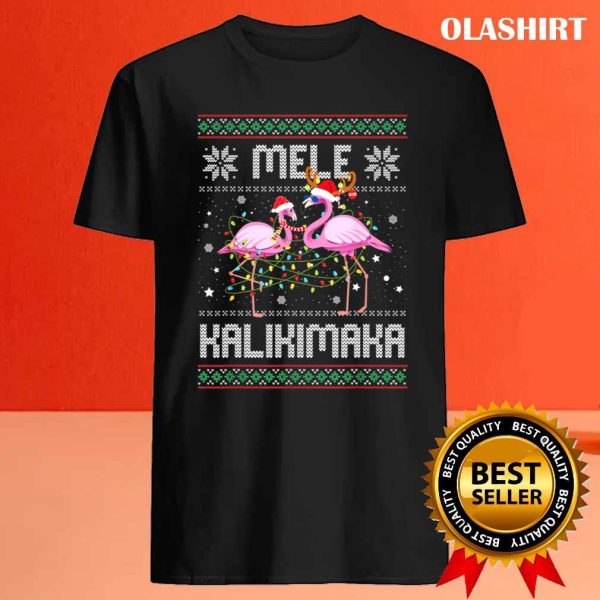 Mele Kalikimaka Merry Christmas Flamingo Hawaiian Santa T-shirt