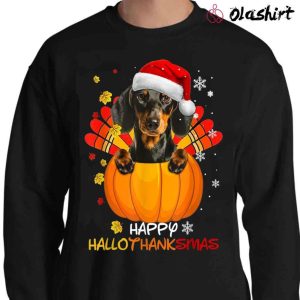 New Dachshund Dog Santa Hat Pumpkin Hallothanksmas Shirt, Halloween Merry Christmas Shirt