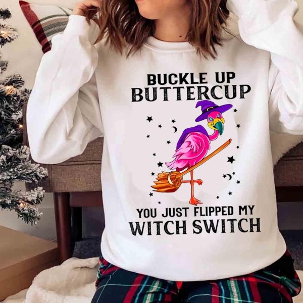 New Flamingo Buckle Up Buttercup Shirt, Funny Halloween Flamingo Witch Shirt