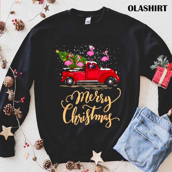 New Flamingo Driving Christmas Tree Truck Flamingo Christmas Shirt