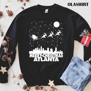 New Merry Christmas Atlanta Skyline Santa Claus Sleigh Vintage T shirt 1