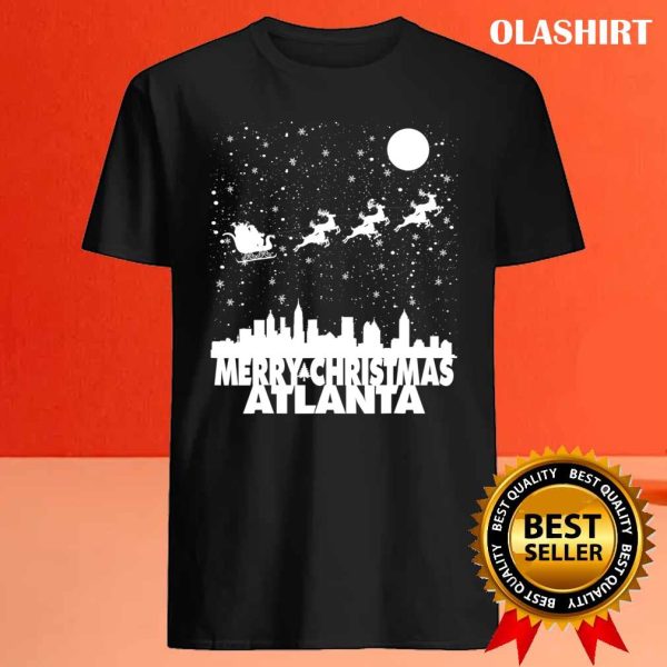 New Merry Christmas Atlanta Skyline Santa Claus Sleigh Vintage T-shirt