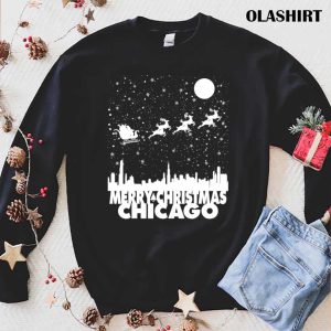 New Merry Christmas Chicago Skyline Santa Claus Sleigh Vintage T-shirt