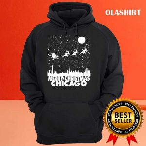 New Merry Christmas Chicago Skyline Santa Claus Sleigh Vintage T shirt 3