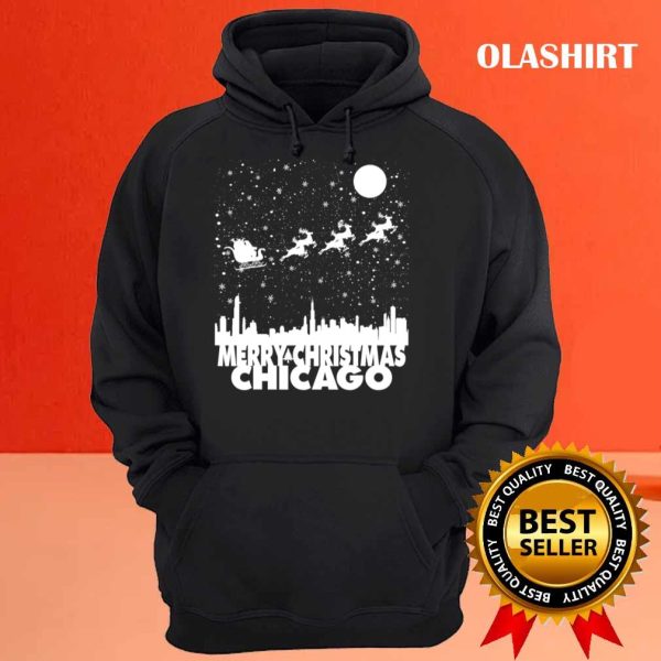 New Merry Christmas Chicago Skyline Santa Claus Sleigh Vintage T-shirt