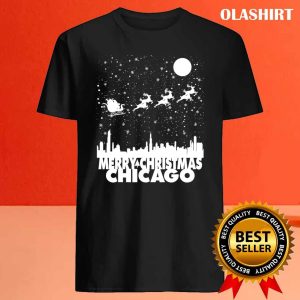 New Merry Christmas Chicago Skyline Santa Claus Sleigh Vintage T shirt 4