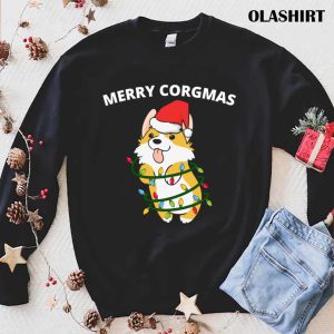 New Merry Corgmas Corgi Dog Christmas Lights Santa Design T shirt 1