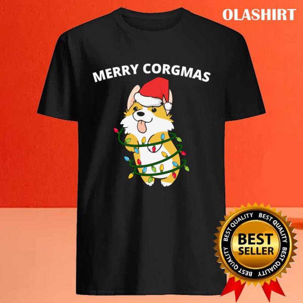 New Merry Corgmas Corgi Dog Christmas Lights Santa Design T-shirt