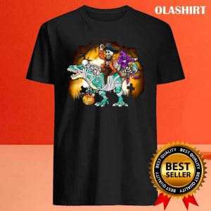 New Pirate Dabbing Witch Skeleton Riding Dinosaur Halloween Shirt 4