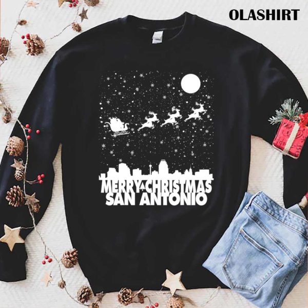 Official Merry Christmas San Antonio Skyline Santa Claus Sleigh Retro T-shirt