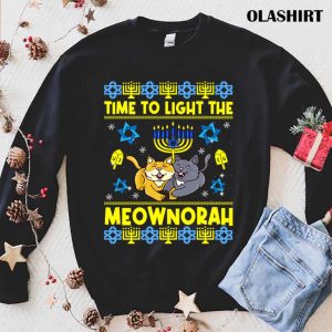 Official Time To Light The Meownorah Cat Menorah Lover Ugly Chanukah T shirt 1