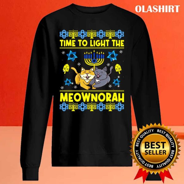 Official Time To Light The Meownorah Cat Menorah Lover Ugly Chanukah T-shirt