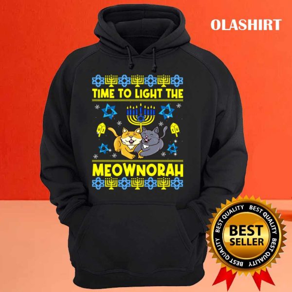 Official Time To Light The Meownorah Cat Menorah Lover Ugly Chanukah T-shirt