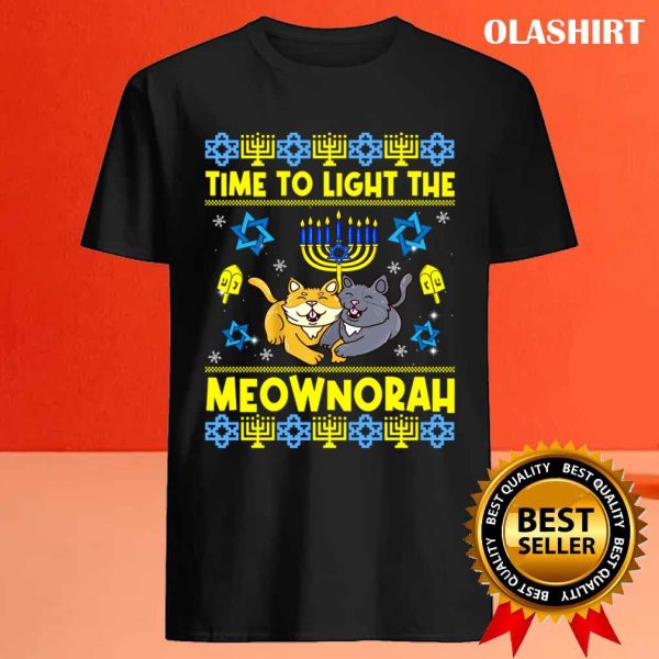 Official Time To Light The Meownorah Cat Menorah Lover Ugly Chanukah T-shirt