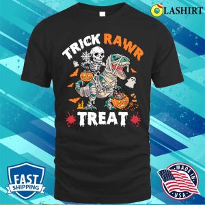 Trick Rawr Treat Skeleton Riding Mummy Dinosaur Halloween Shirt 1