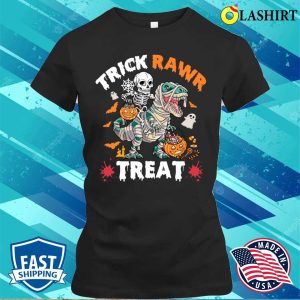 Trick Rawr Treat Skeleton Riding Mummy Dinosaur Halloween Shirt 2