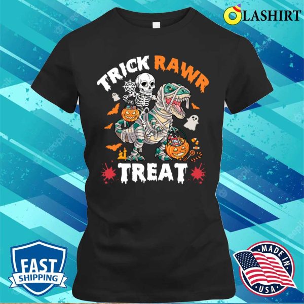 Trick Rawr Treat Skeleton Riding Mummy Dinosaur Halloween Shirt