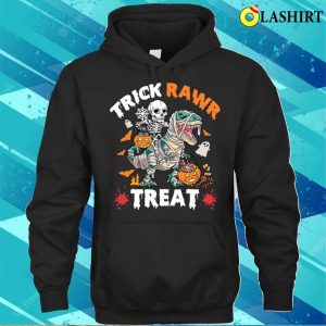 Trick Rawr Treat Skeleton Riding Mummy Dinosaur Halloween Shirt 3