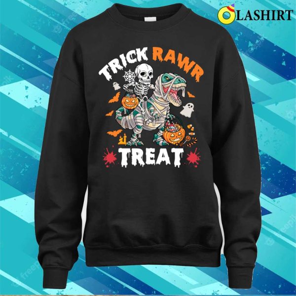 Trick Rawr Treat Skeleton Riding Mummy Dinosaur Halloween Shirt