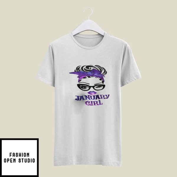 January Birthday Girl T-Shirt Black Glasses Purple Headband