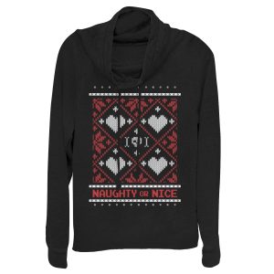 Junior_s CHIN UP Naughty or Nice Knit Print Cowl Neck Sweatshirt