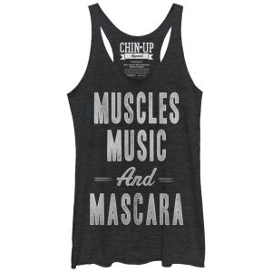 Women_s CHIN UP Muscles Music and Mascara Racerback Tank Top