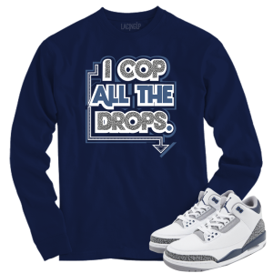 Jordan 3 white navy cement cop all drops navy long sleeve tee