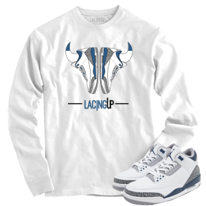 Jordan 3 white navy cement horns white long sleeve tee