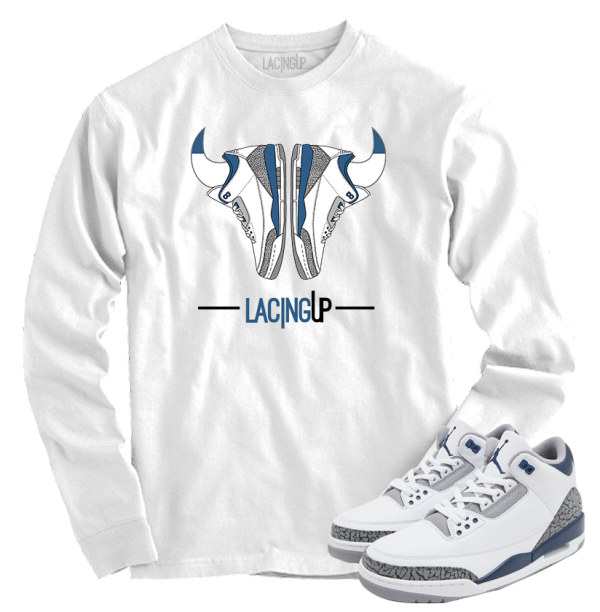 Jordan 3 white navy cement horns white long sleeve tee