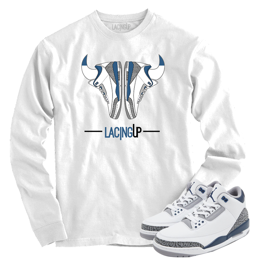 Jordan 3 white navy cement horns white long sleeve tee Jordan 3 white navy cement horns white long sleeve tee