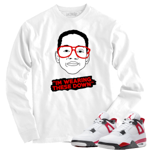 Jordan 4 red cement wearing down white long sleeve tee