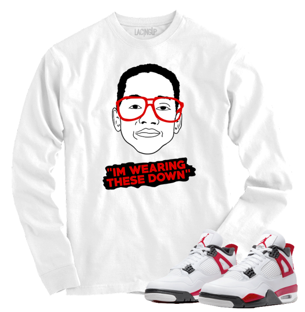 Jordan 4 red cement wearing down white long sleeve tee
