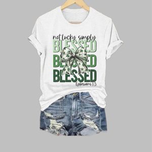 Retro St. Patrick’s Day Shamrock Bowknot Not Lucky Simply Blessed Print T-Shirt