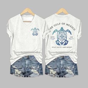 The Gulf Of Mexico Stay Salty And Resist Printed V Neck T-Shirt